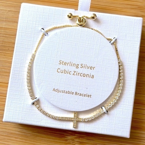Brand New Sterling Silver Gold Tone Cross Rhinestone Adjustable Bracelet - Picture 1 of 8